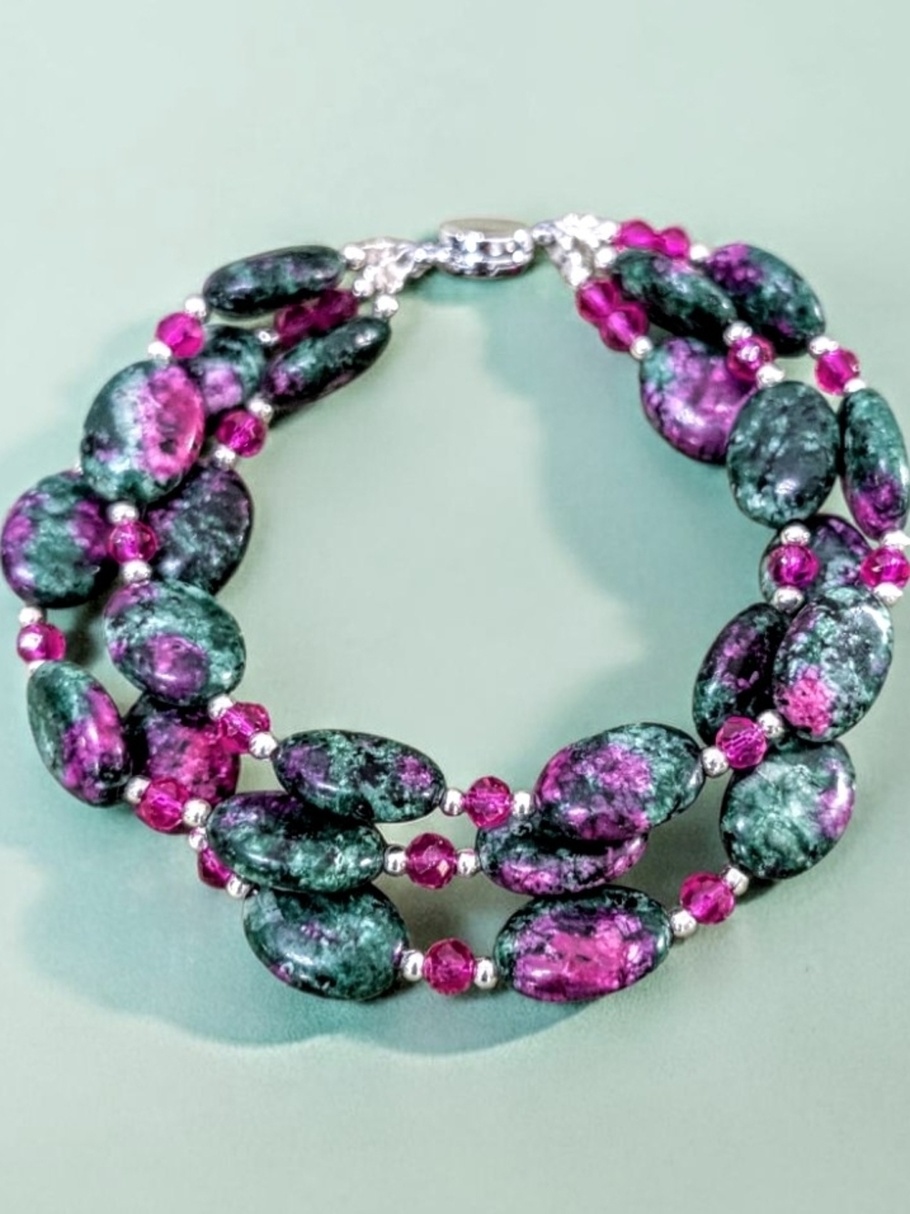 Handmade Ruby Zoisite 3-Strand Beaded Bracelet With Magnetic Clasp